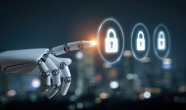 A robotic arm interacts with glowing lock icons over a cityscape