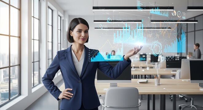 Businesswoman presenting a digital data analysis interface in a modern office environment.