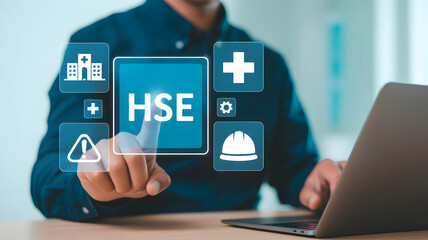 Health safety environment digital transformation with modern safety management practices on a laptop