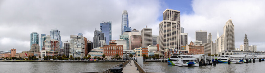 San Francisco Skyline Cityscape showing several prominent buildings and hotels under a cloudy sky...
