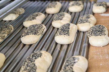 Freshly prepared dough with sesame seeds ready for baking in a modern bakery plant