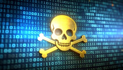 Gold skull and crossbones graphic displayed against a digital binary code background.