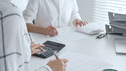 Two accountants collaborating in a well lit office, analyzing financial data and preparing reports...