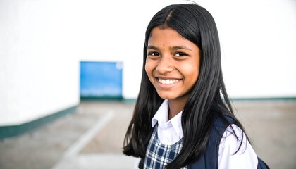 Young Indian schoolgirl with long dark hair smiles brightly in a school hallway wearing a uniform.