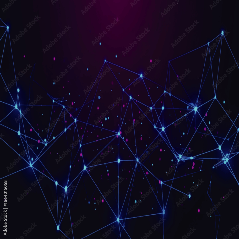 Poster abstract network of blue lines connecting points against a dark purple background with small colored