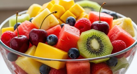 Colorful fruit salad in a glass bowl, showcasing a variety of fresh and juicy fruits.