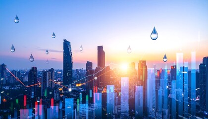 Cityscape at Sunset with Data Visualization and Glowing Drops above Buildings