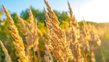 Golden grasses sway gently in the warm sunlight of a summer afternoon.