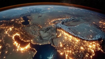 An illuminated Earth at night reveals city lights across continents, with the Himalayas visible - Powered by Adobe