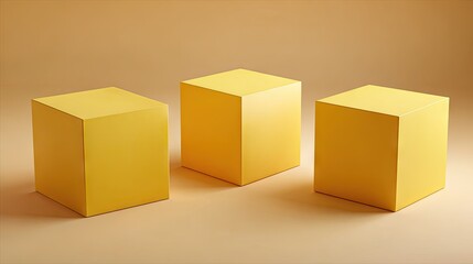 Fototapeta premium Three yellow cubic shapes on a light beige surface.