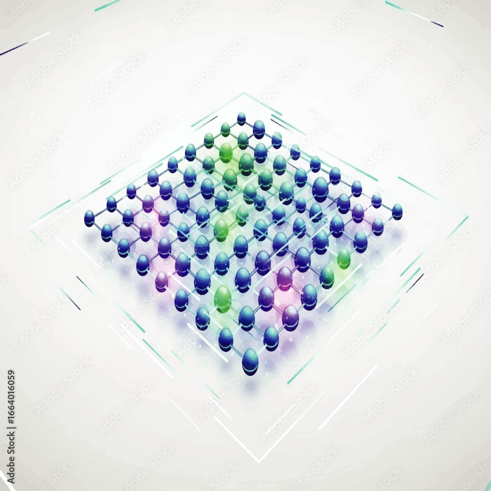 Poster abstract illustration of a grid-like structure with connected spheres, showcasing a gradient of colo
