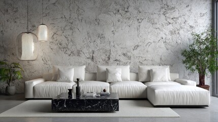 Modern living room interior with a sectional sofa and textured wall.