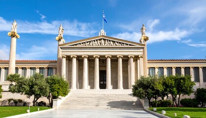 Obraz premium A grand, light beige classical building, the National Library of Greece, stands proudly on a bright, sunny day, showcasing its imposing columns and sculpted details.