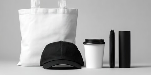 Blank white tote bag, black baseball cap, white coffee cup, and black accessories on gray background