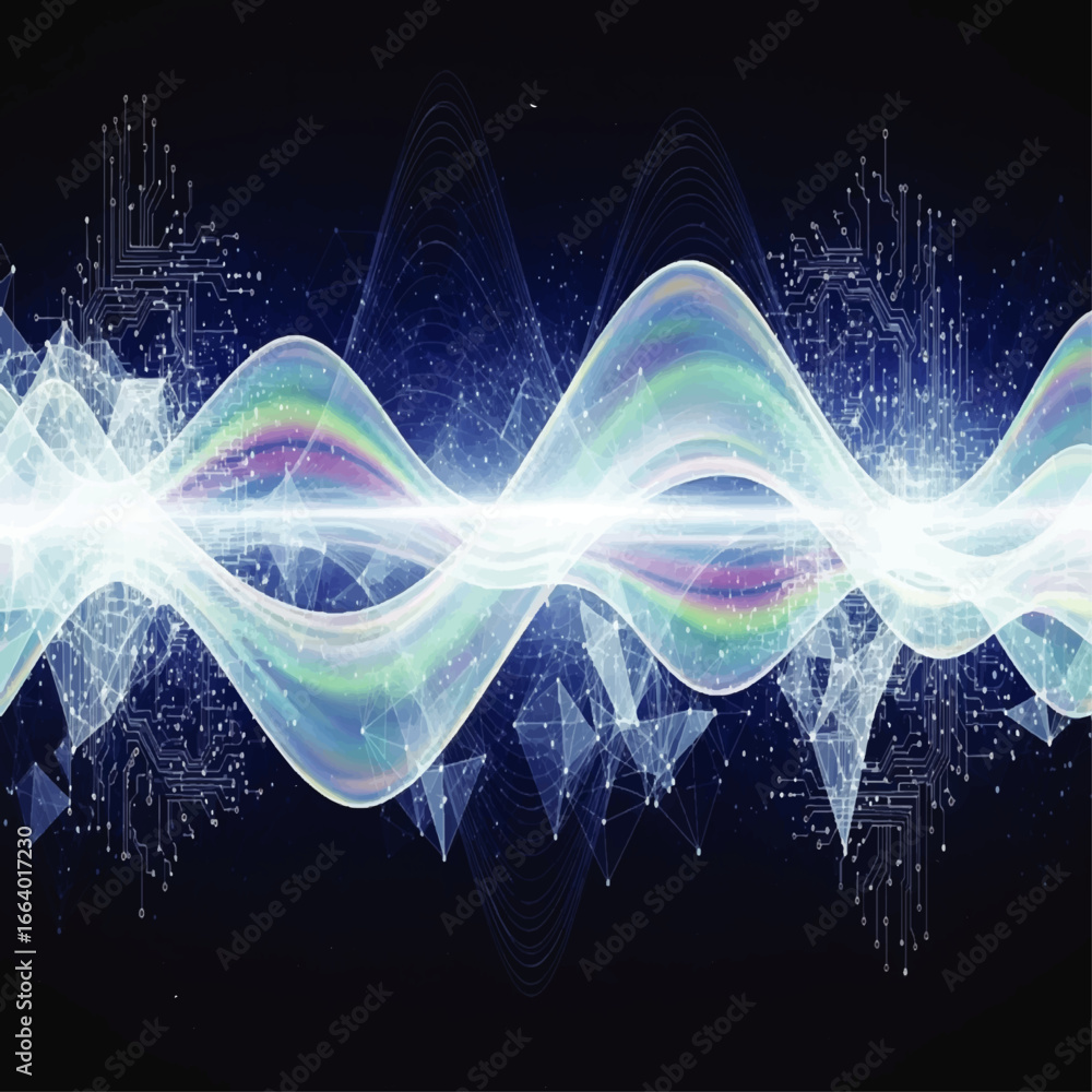 Poster abstract representation of sound waves with geometric shapes and circuit board elements, set against