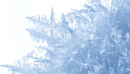 Close Up of Delicate Ice Crystal Frost with Sharp Spicules in Shades of Blue and White against a White Background
