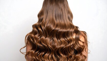 Naklejka premium Long, voluminous curls cascade down a person's back against a neutral background, showcasing healthy, shiny hair.