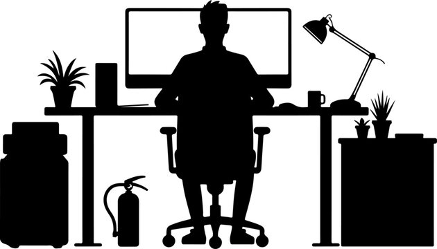 recommend clip art: illustration of a man working on a computer, computer, office, desk, business, work, chair, table, silhouette, people, laptop, vector, woman, cartoon, sitting, person, illustration, 3d, worker, workin