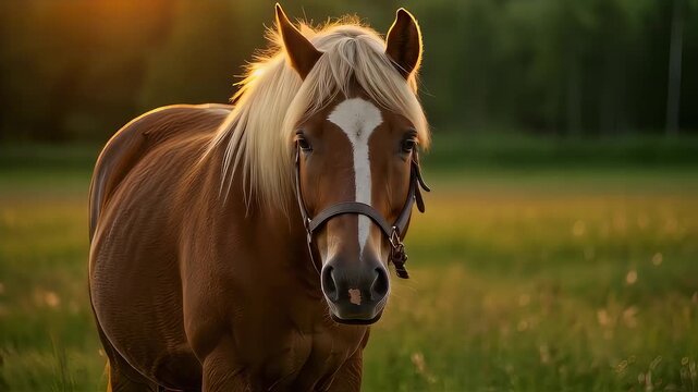 朝陽を浴びて輝く、草原の美しい馬。2026年午年の年賀動画素材