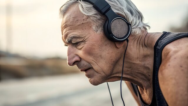 Senior lip line with headphones close-up. Portrait detail of elder lips wearing headphones, modern fitness lifestyle.