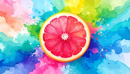 Vibrant slice of grapefruit presented atop a dynamic backdrop of colorful watercolor splatters.
