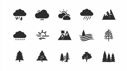 A collection of black and white icons illustrating various weather conditions and natural elements
