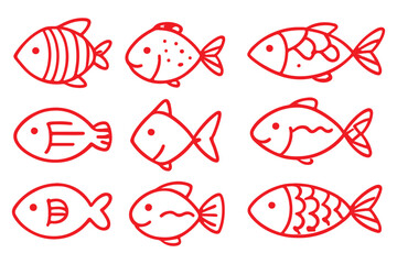 Doodle fish icons set. Hand drawn sea fish collection. Children sketch drawing. Line art. Vector illustration isolated on white background.
