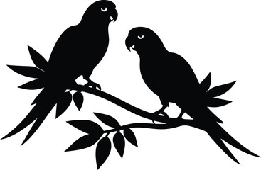 Fototapeta premium Vector silhouette of parrots on branches set illustration design template