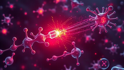 Glowing molecular structures battling abstract bacteria in a microscopic scientific scene.