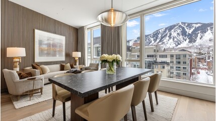 Fototapeta premium Modern dining area with a stunning mountain view.