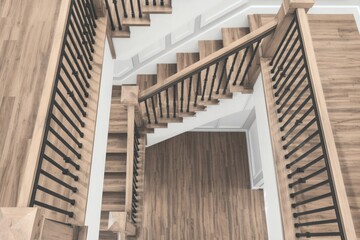 Fototapeta premium Modern staircase, white walls, black handrail, wooden steps, open-space home interior