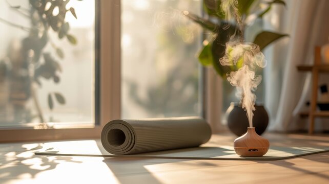 A serene indoor scene featuring a yoga mat, an essential oil diffuser releasing aromatic steam, and lush greenery, promoting relaxation and mindfulness.