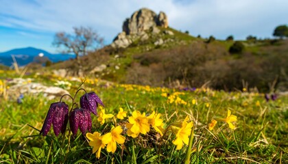 Obraz premium A vibrant meadow unfolds with purple and yellow wildflowers, nestled against a backdrop of a rocky mountain range under a partly cloudy sky.
