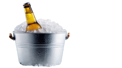 Chilled beer bottle in an ice-filled bucket, perfect for refreshing summer gatherings.