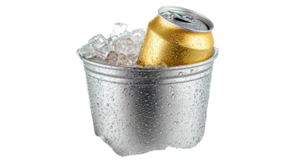 Chilled beer can in a metallic bucket filled with ice, isolated on white background.