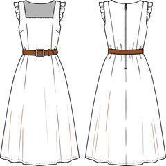 Elegant summer dress flat sketch with belt, ruffle sleeves, square neckline, front and back view, fashion design template illustration