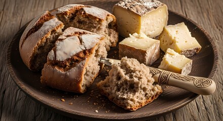Rustic sourdough bread and assorted cheeses arranged on a wooden plate.