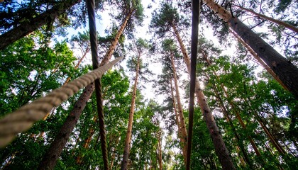 Fototapeta premium Tall trees and ropes stretch across a dense forest canopy, inviting exploration and adventure.