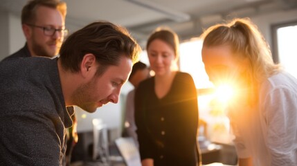Professional Research Team Analyzing Community Survey Responses in Co-Working Space with Golden Hour Lighting and Bokeh Effect, Overhead Shot with Leading Lines
