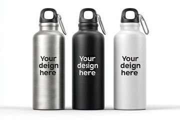 Three metallic water bottles, each with a handle and space for custom text