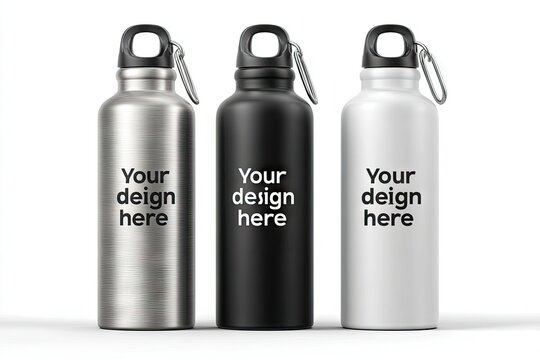 Three metallic water bottles, each with a handle and space for custom text