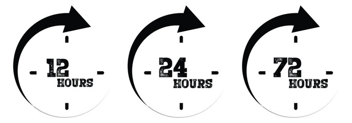 Set of 12, 24 and 72 hour clocks with arrows.12, 24 and 72 hours icon flat style on a white background.  Vector work time effect or delivery service time icon. eps 10