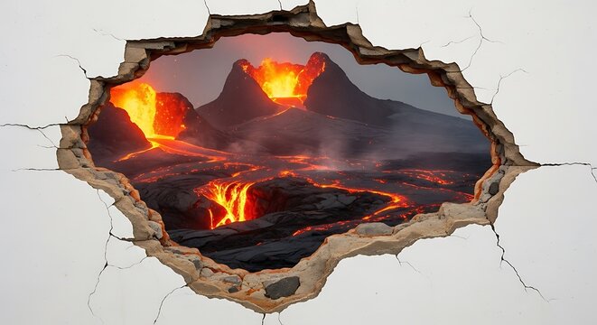 Fiery Lava Flows Through a Cracked Wall Illusion