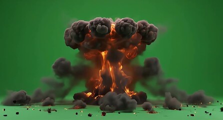 Massive Fiery Explosion with Smoke and Debris on Green Screen. - Powered by Adobe