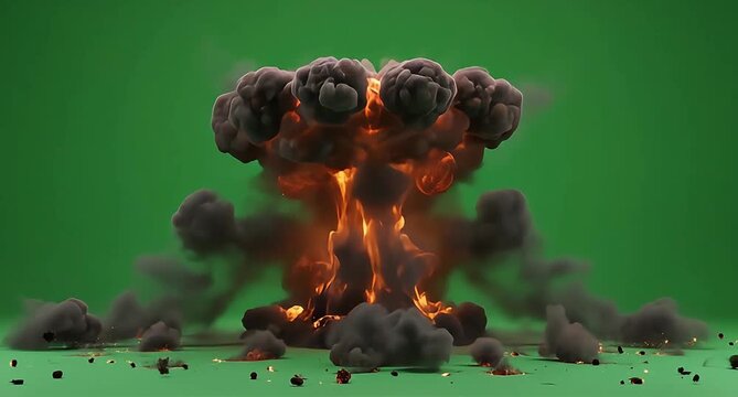 Massive Fiery Explosion with Smoke and Debris on Green Screen.