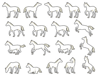 輪郭線付きの色々なポーズの白い馬のイラストセット