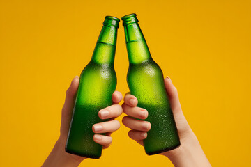 Close up cropped of woman and man two hands horizontal holding lager beer glass bottles and clinking isolated on yellow background. Sport fans cheer up. Friends leisure lifestyle concept. Copy space.
