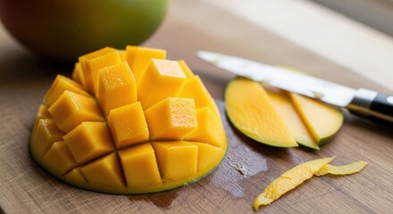 Freshly diced mango on a wooden cutting board, with a knife and whole mango in the background.
