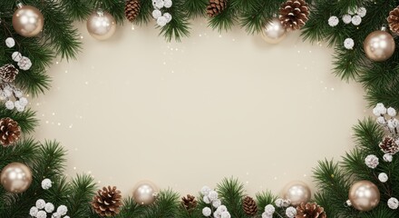 Elegant christmas decoration frame with pine branches and ornaments creating a festive holiday background