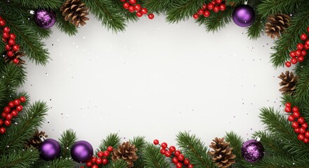 Elegant Christmas frame with lush evergreen branches pine cones red berries and purple ornaments on a clean white background
